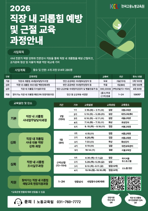 고용노동부 한국고용노동교육원, 2026년 '찾아가는 직장 내 괴롭힘 예방 교육' 실시 기사 이미지