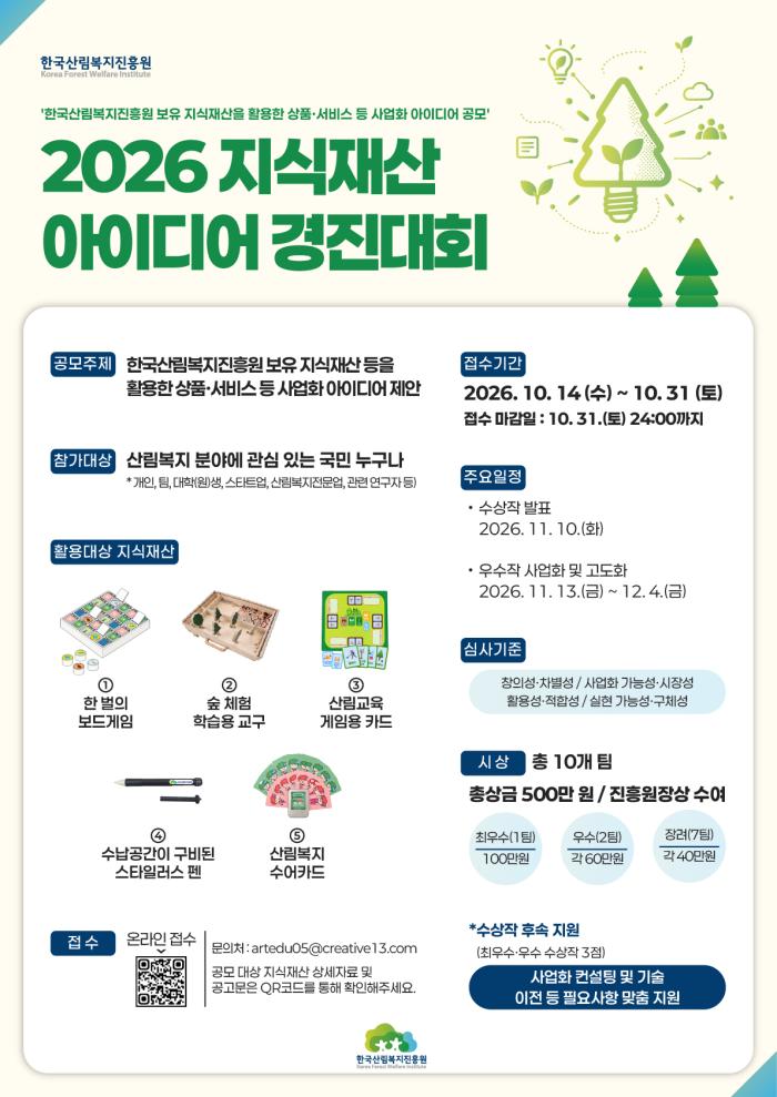 한국산림복지진흥원, ‘2026 지식재산 아이디어 경진대회’ 개최…31일까지 접수